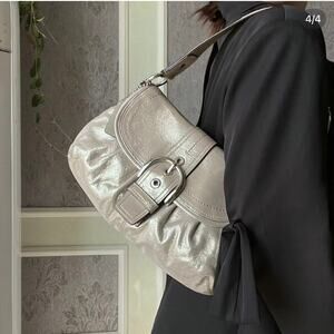 Coach Vintage Shoulder Mermaid Silver Glitter Pleated Front Leather Buckle Flap